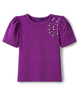 Pine Kids Cotton Lycra Knit Half Sleeves Top With Pearl Embellishment - Violet