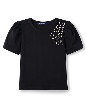 Pine Kids Cotton Lycra Knit Half Sleeves Top With Pearl Embellishment - Black