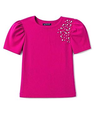 Pine Kids Cotton Lycra Knit Half Sleeves Top With Pearl Embellishment - Red