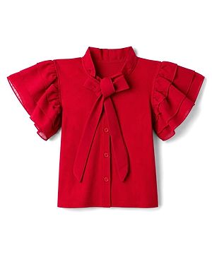 Pine Kids Cotton Lycra Knit Half Sleeves Top with Knot -Red