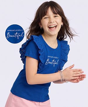 Pine Kids Cotton Knit Half Sleeves Top with Effortlessly Beautiful Embroidery and Frill Detailing in Blue for 4-5 Years