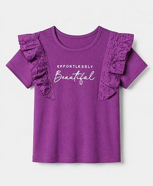 Pine Kids Cotton Lycra Knit Half Sleeves Top with Frill Detailing and Effortlessly Beautiful Embroidery - Purple