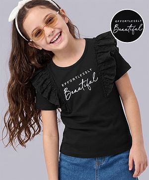 Pine Kids Cotton Knit Half Sleeves Top with Frill Detailing and Effortlessly Beautiful Embroidery in Black for 4-5 Years