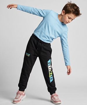 Pine Kids Cotton Knit Full Length Lounge Pants With Text Print - Black