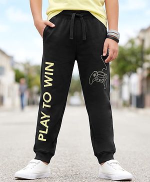 Pine Kids Knit Full Length Game Pad & Text Printed Lounge Pant with Pockets- Black