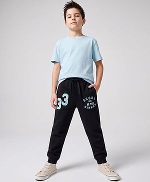 Pine Kids Cotton Knit Full Length Lounge Pants With Text Print - Black