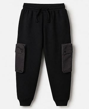 Pine Kids Cotton Knit Full Length Solid Track Pants with Pockets - Black