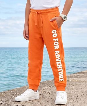 Pine Kids Knit Full Length Lounge Pant With Pockets & Text Print - Orange