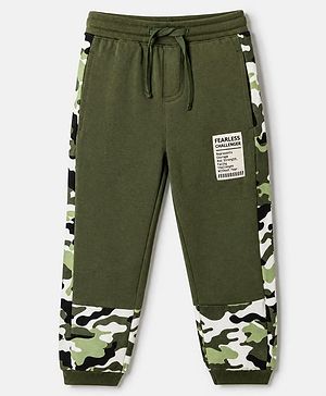 Pine Kids Cotton Knit Full Length Jogger Fit Lounge Pant with Camouflage Print in Olive Green