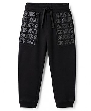 Pine Kids Cotton Knit Full Length Jogger Fit Lounge Pant with Full Length and Skate Print in Black