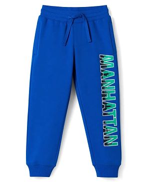 Pine Kids Cotton Knit Full Length Lounge & Track Pant With Text Print - Blue