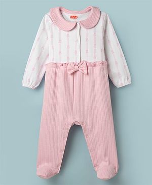 Babyhug 100% Cotton Knit Full Sleeves Floral Printed Sleepsuit Nightwear With Bow Applique - Pink