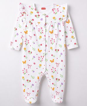 Babyhug 100% Cotton Knit Full Sleeves Footed Sleepsuit With Floral Print - Multicolor