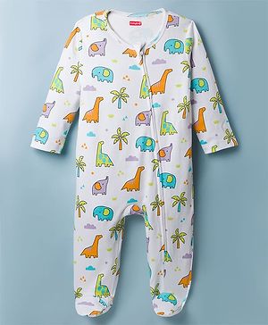 Babyhug Cotton Knit Full Sleeves Footed Sleepsuit with Jungle Theme Print - Multicolour