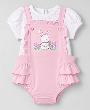 Babyhug 100% Cotton Interlock Knit Half Sleeves Bunny Print Onesie With Polka Dot Printed Tee - Light Pink