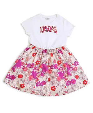 U.S. Polo Assn. Kids Cotton Knit Half Sleeves Floral Printed Dress - White