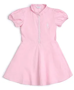 U.S. Polo Assn. Kids Cotton Woven Half Puffed Sleeves Brand Logo Embroidered Dress - Pink
