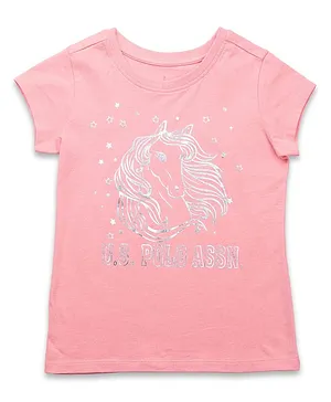 U.S. Polo Assn. Kids Cotton Knit Half Sleeves Unicorn Foil Printed Tee - Pink