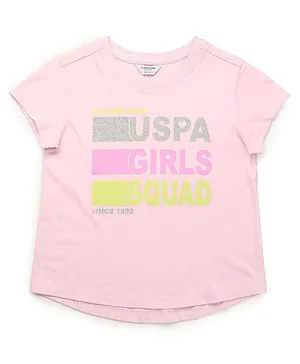 U.S. Polo Assn. Kids Cotton Knit Half Sleeves Glitter Embellished Brand Name Printed Tee - Pink