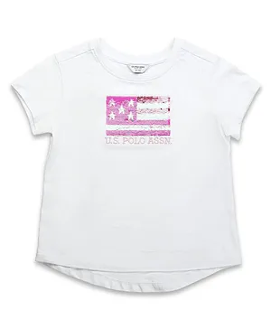 U.S. Polo Assn. Kids Cotton Knit Flag Designed Sequins Embellished & Brand Name Embroidered Tee - White
