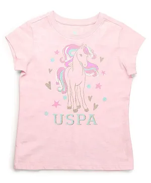 U.S. Polo Assn. Kids Cotton Knit Half Sleeves Unicorn Printed Tee - Light Pink