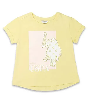 U.S. Polo Assn. Kids Cotton Knit Half Sleeves Brand Logo & Floral Printed Tee - Yellow