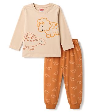 Babyhug 100% Cotton Knit Full Sleeves T-Shirt & Pyjama Night Suit With Dino Print - Brown