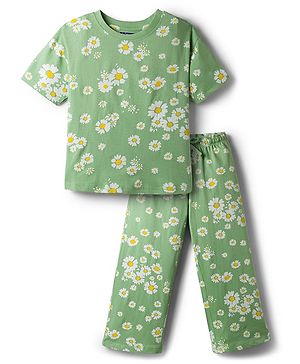 Pine Kids Cotton Knit Half Sleeves T-Shirt & Pyjama Co Ords Night Suit Floral Print - Green