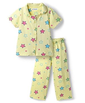 Pine Kids Cotton Knit Half Sleeves Shirt & Pyjama Co Ords Night Suit Star Print - Yellow