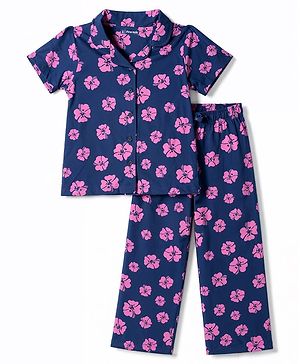 Pine Kids Cotton Knit Half Sleeves Co-Ords Shirt & Pajama Night Suit with Floral Print - Navy