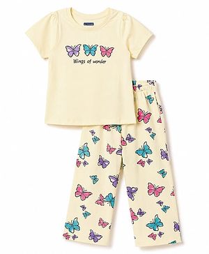 Pine Kids Cotton Knit Half Sleeves Butterfly Printed T-Shirt & Pajama Night Suit - Yellow