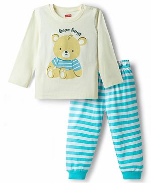 Babyhug 100% Cotton Knit Full Sleeves T-Shirt & Pyjama Night Suit With Teddy Bear Print - Blue
