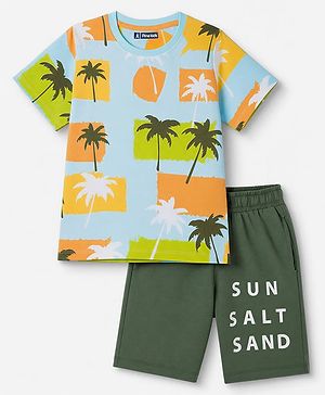 Pine Kids Cotton Knit Half Sleeves T-Shirt & Shorts Night Suit With Tropical & Text Print - Green