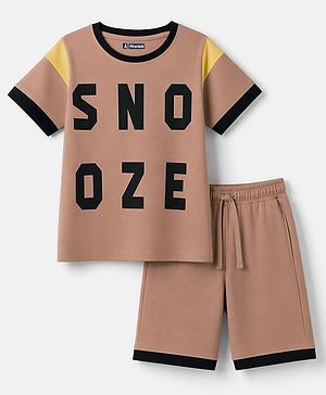 Pine Kids Cotton Knit Half Sleeves T-Shirt & Shorts Night Suit With Text Print - Brown