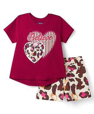 Pine Kids Cotton Knit Half Sleeves T-Shirt & Shorts Night Suit with Heart & Believe Print - Wine