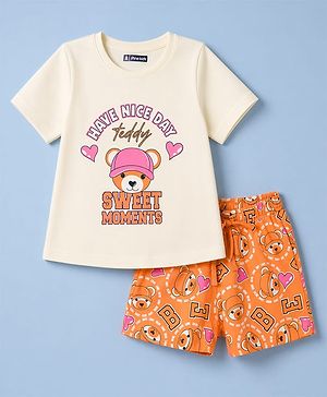 Pine Kids Cotton Knit Half Sleeves Bear Printed T-Shirt & Shorts Night Suit - Cream