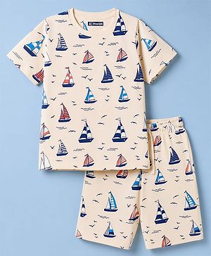 Pine Kids Cotton Knit Half Sleeves T-Shirt & Shorts Night Suit Co-ords With Ship Print - Beige