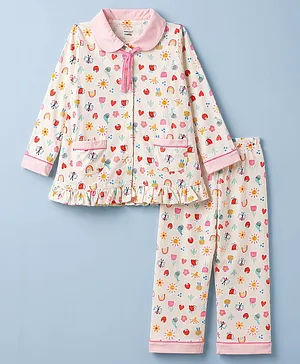 CUCUMBER Sinker Knit Full Sleeves
                              Butterfly Floral & Hearts Printed
                              Co-Ords Shirt & Pyjama Night Suit -
                              Cream
