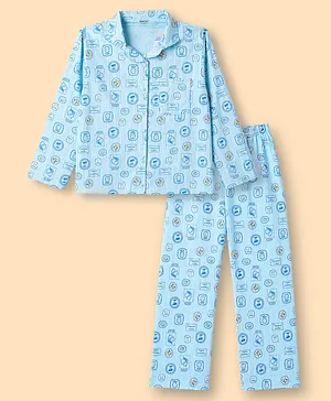 CUCUMBER Sinker Knit Full Sleeves
                              Beach Theme Printed Co-Ords Shirt &
                              Pyjama Night Suit - Light Blue