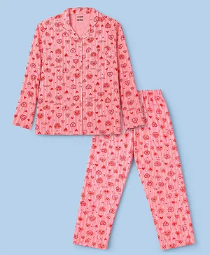 CUCUMBER Sinker Knit Full Sleeves
                              Shirt & Pyjama Striped Co-Ord Night
                              Suit With Heart Print - Pink