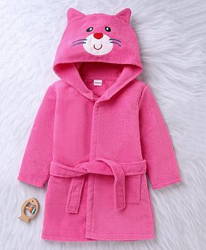 Babyhug Velour Microfiber Knit Full Sleeves Hooded Bath Robe With Cat Embroidery & Ear Applique - Dark Pink