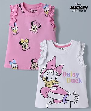 Babyhug Disney 100% Cotton Knit Sleeveless Tank T-Shirts With Minnie Mouse & Friends Graphic Pack of 2 - Pink & White