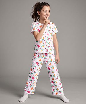 Pine Kids Cotton Knit Half Sleeves Co-Ords T-Shirt & Pyjama Night Suit with Butterfly & Floral Print - White
