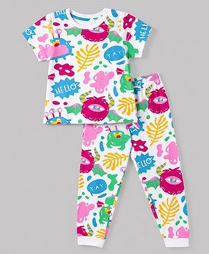 Pine Kids Cotton Knit Half Sleeves T-Shirt & Pyjama Night Suit Co-ords With Text Print - White