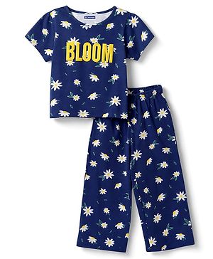 Pine Kids Cotton Knit Half Sleeves Top & Pyjama Night Suit  With Floral Print - Navy Blue
