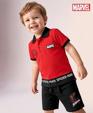 Babyhug Marvel Cotton Knit Half Sleeves Pique Collar T-Shirt & Shorts Set with Spiderman Graphic- Red &  Black