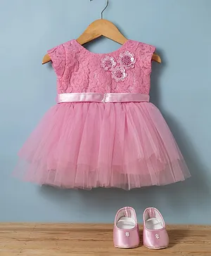 Bluebell Net Woven Sleeveless Party
                              Dress with Floral Applique & Booties -
                              Pink