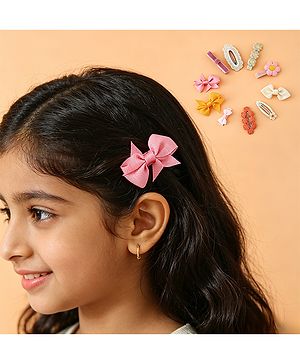 Pine Kids Hair Pins And Clips with Bow and Floral Applique Pack of 10 - Yellow