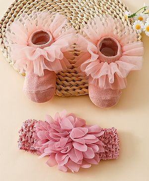 Bonfino Bonfino Floral Headband and Baby Booties Combo Set - Pink