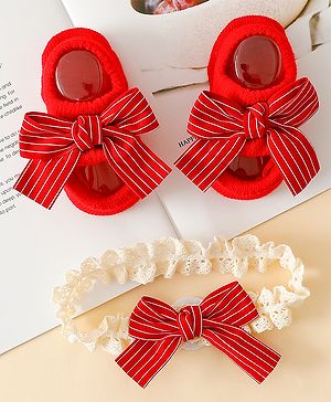 Bonfino Hair Accessories With Little Bow Charm Baby Booties Combo Set - Red